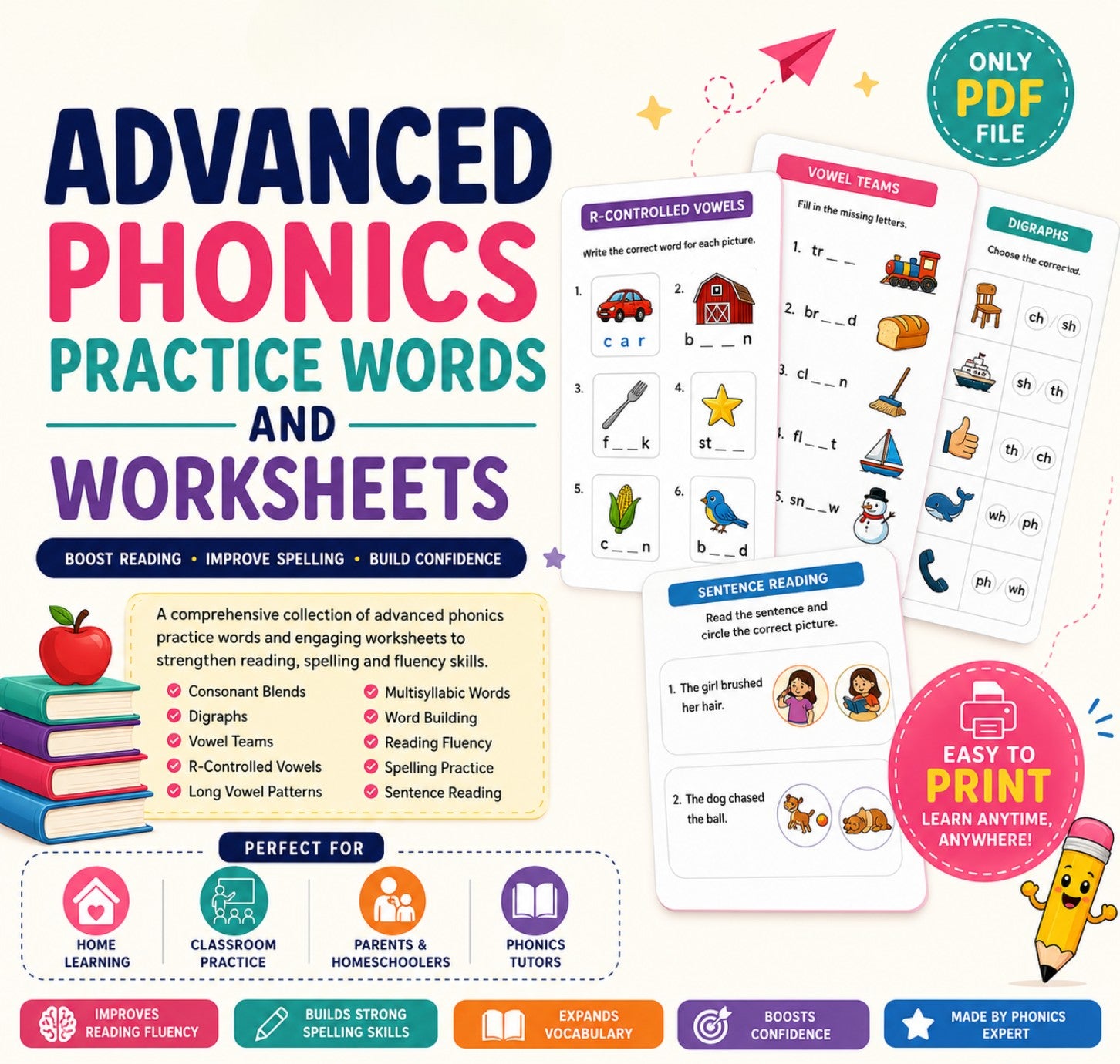 Advanced Phonics Practice Words and Worksheets (Only PDF)